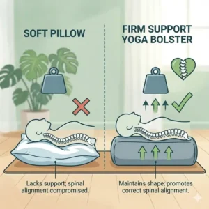 Side-by-side comparison graphic showing a standard soft pillow collapses under weight while a yoga bolster pillow firm support maintains its shape for correct posture.