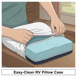 A graphic showing the removable and easy-to-clean cover of the best RV pillow for travelers.