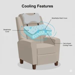 Illustration of the breathable mesh and cooling gel layers of a pillow for recliner chair neck support.