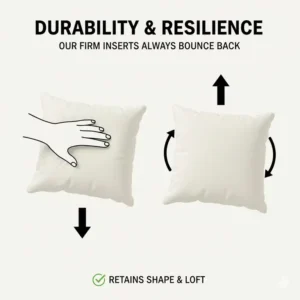 Graphic showing the bounce-back resilience and durability of couch throw pillow inserts firm after being compressed.