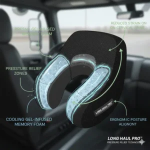 Illustration showing how a cervical pillow for truck drivers long trips reduces pressure on the spine.