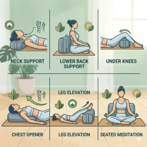 Icon set illustrating versatile use cases for a rectangular yoga bolster pillow firm support, including lower back, neck, and knee support in various poses.
