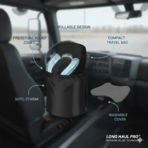 A compact and rollable pillow for truck drivers long trips with a travel carry bag for easy storage.