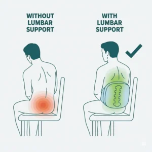 Diagram showing spine pressure relief when using a pillow for office chair back support.