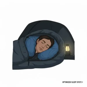 Illustration of a hiker using the best camping pillow ultralight backpacking inside a sleeping bag hood.