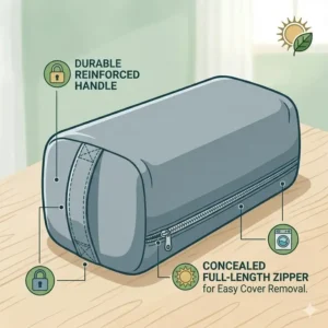 Close-up illustration of the durable reinforced handle and full-length concealed zipper on a yoga bolster pillow firm support.