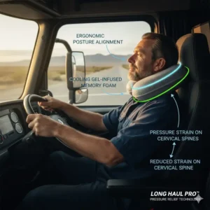 : A male driver using a slim-profile pillow for truck drivers long trips while steering on the highway.