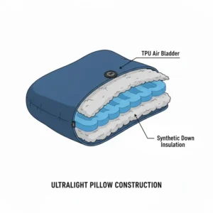 Cross-section view showing the fabric and insulation layers of the best camping pillow ultralight backpacking.