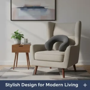 A modern living room setting featuring a stylish grey pillow for recliner chair neck support on a wingback chair.