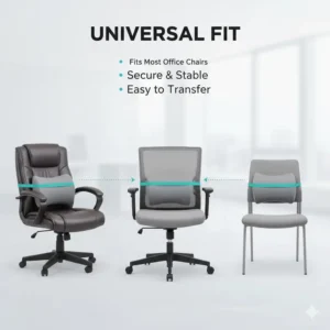 Illustration of a universal fit pillow for office chair back support on various types of chairs.