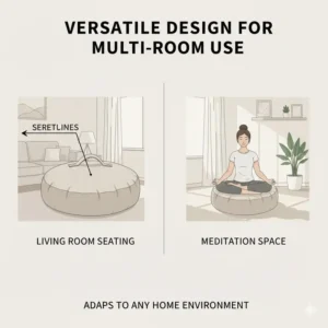 Illustration of a floor pillow large meditation being used as versatile extra seating in a living room.