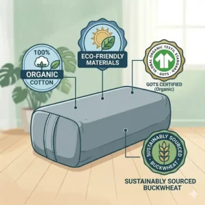 Illustration of an eco-friendly rectangular yoga bolster pillow firm support with organic certification labels.
