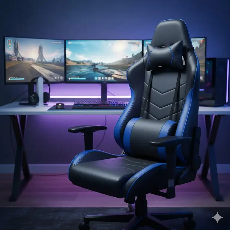 A professional gaming setup with a high-back chair using a specialized pillow for gaming chair comfort.