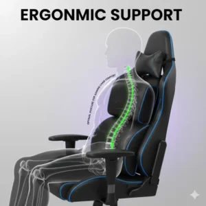 An ergonomic diagram showing spinal alignment improved by a lumbar pillow for gaming chair comfort.