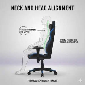 Anatomical diagram showing the correct neck and head position using a pillow for gaming chair comfort.