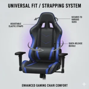Demonstration of a universal strapping system that secures a pillow for gaming chair comfort to any seat.