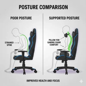 Side-by-side posture comparison showing the health benefits of a pillow for gaming chair comfort.