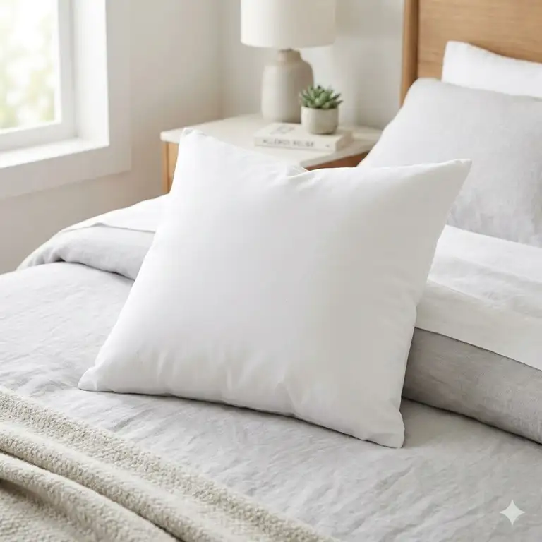 A plush hypoallergenic pillow on a clean bed, showing the best pillow for people with allergies to ensure a sneeze-free sleep.