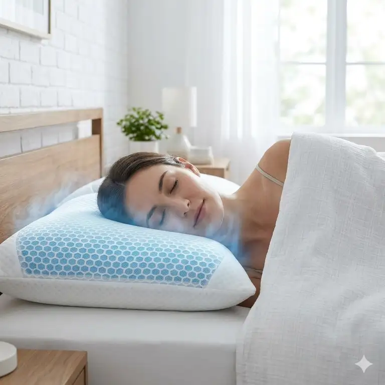 A comfortable person sleeping on a premium cooling pillow for hot sleepers 2026 in a modern bedroom.