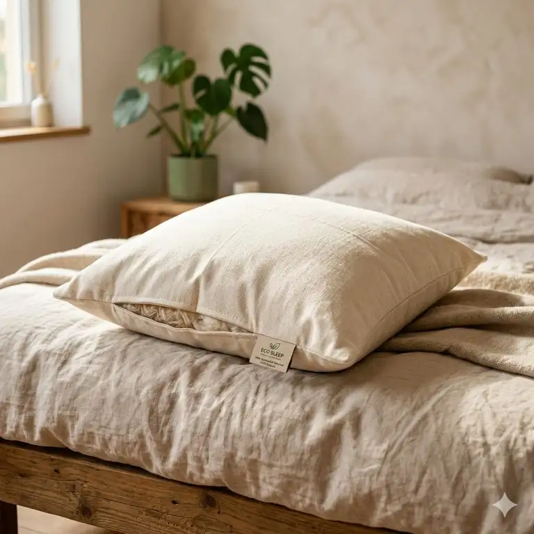 A high-quality hero shot of a plush eco-friendly pillow sustainable materials resting on a linen bed.