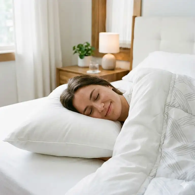 A comfortable person sleeping on a high-quality hypoallergenic pillow for asthma sufferers in a clean bedroom.