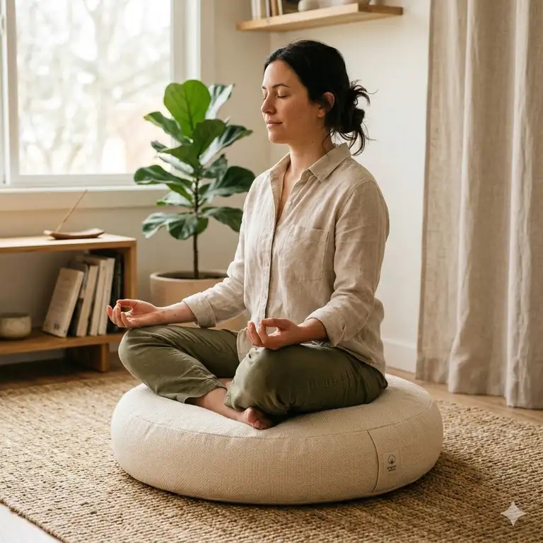 A person practicing mindfulness while sitting on a comfortable meditation pillow cushion organic cotton.