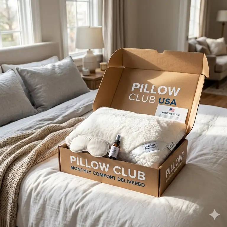 A premium pillow subscription box USA opened on a bed with luxury sleep accessories.