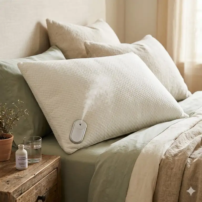 A luxury memory foam pillow with aromatherapy diffuser placed on a modern bedside table.