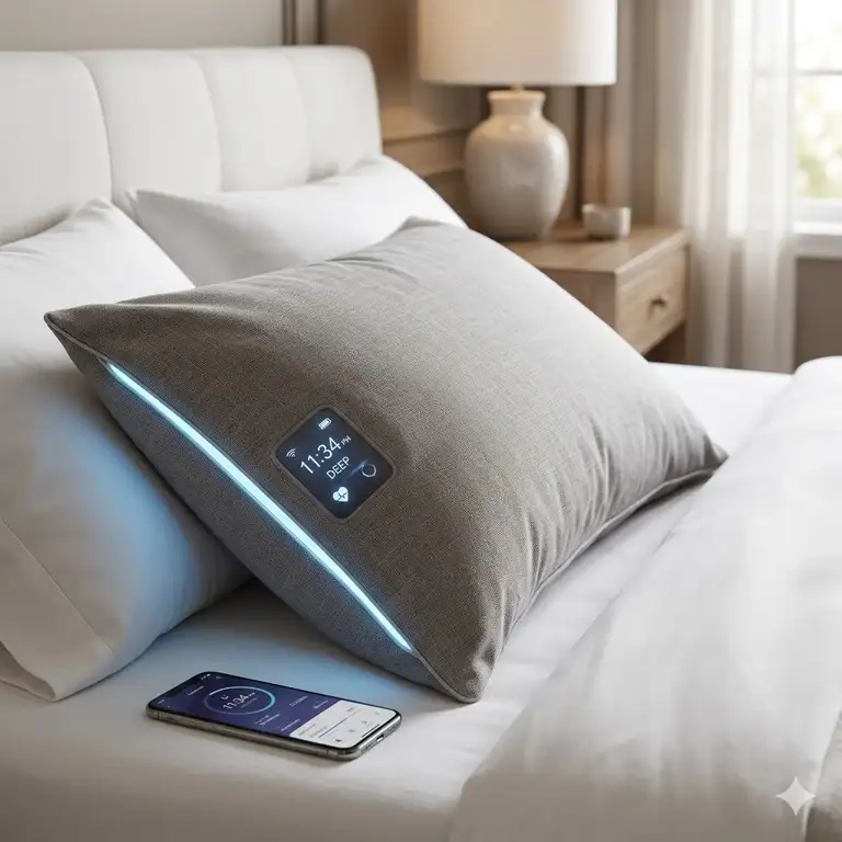 A premium smart pillow with sleep tracking in a modern bedroom setting.