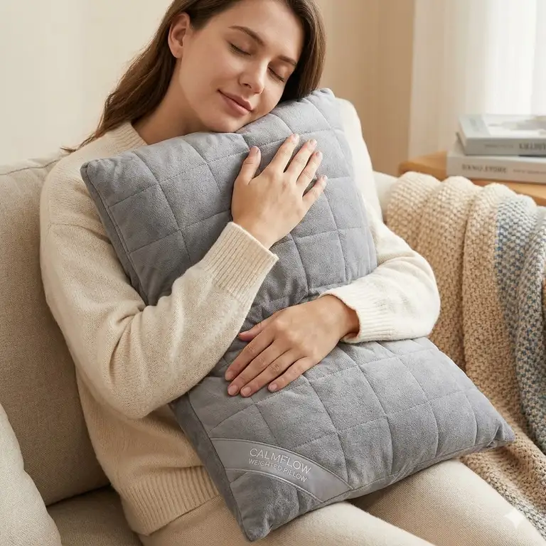 A woman relaxing on a sofa while holding a weighted pillow for anxiety relief to feel calm.