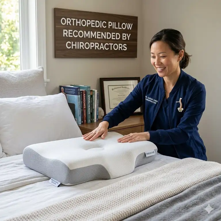 Professional showcase of an orthopedic pillow recommended by chiropractors for optimal sleep health.