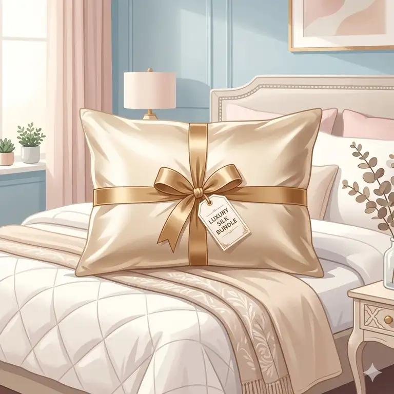 A beautiful featured image of a luxury silk pillowcase with pillow bundle on a bed.