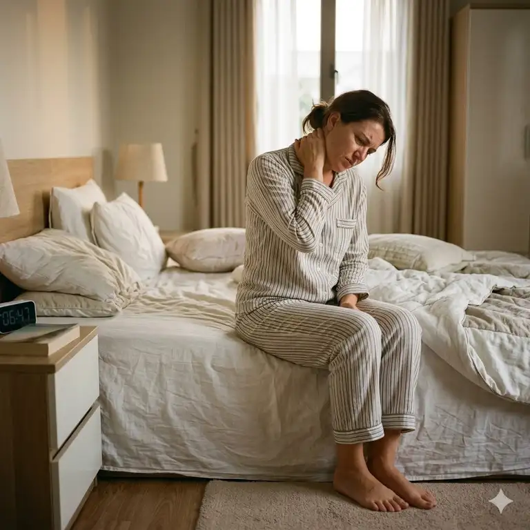 A person in bed wondering why do i wake up with neck pain every morning while rubbing their sore neck.