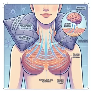 An educational diagram showing how a weighted pillow for anxiety relief uses deep pressure touch.