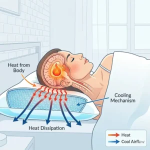Technical diagram showing heat dissipation technology in a cooling pillow for hot sleepers 2026.