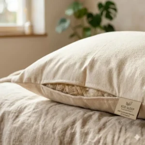 A detailed illustration showing the organic cotton cover of an eco-friendly pillow sustainable materials.