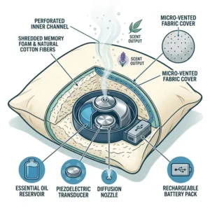 A technical diagram showing the internal components of a pillow with aromatherapy diffuser. Ảnh minh họa 2: An illustration showing how to insert essential oils into a pillow with aromatherapy diffuser. Ảnh minh họa 3: A person sleeping peacefully on a pillow with aromatherapy diffuser with calming mist. Ảnh minh họa 4: Close-up of the breathable micro-vented fabric used on a pillow with aromatherapy diffuser. Ảnh minh họa 5: Step-by-step guide on how to remove electronics from the pillow with aromatherapy diffuser for washing. Ảnh minh họa 6: Different essential oil scents like lavender and eucalyptus paired with a pillow with aromatherapy diffuser. Ảnh minh họa 7: Detailed dimensions and height measurements for a standard pillow with aromatherapy diffuser. Bạn có cần tôi hỗ trợ thêm về phần mô tả sản phẩm (Product Description) cho các hình ảnh này không?