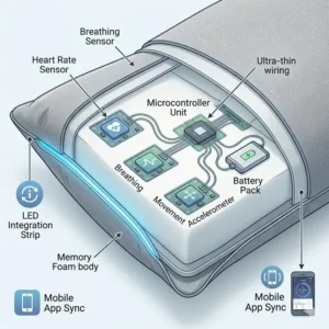 Internal sensor layers of a smart pillow with sleep tracking for biometric monitoring.