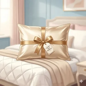An detailed illustration of the luxury silk pillowcase with pillow bundle showing all components.