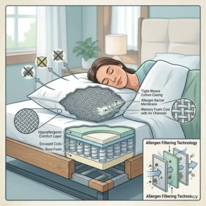 Detailed diagram showing the internal material layers of a hypoallergenic pillow for asthma sufferers.
