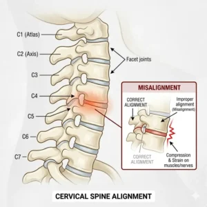 Anatomy of cervical spine alignment explaining why do i wake up with neck pain every morning.