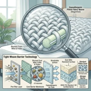 Microscopic view of the dust mite barrier fabric used in a hypoallergenic pillow for asthma sufferers.