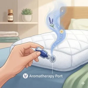 An illustration showing how to insert essential oils into a pillow with aromatherapy diffuser.