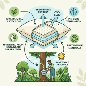 A diagram illustrating the breathable natural latex core of an eco-friendly pillow sustainable materials.