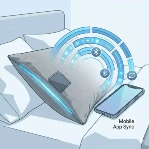 Mobile app interface syncing data with a smart pillow with sleep tracking.