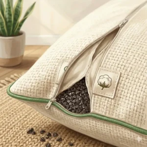 Natural buckwheat hull filling revealed inside the meditation pillow cushion organic cotton.