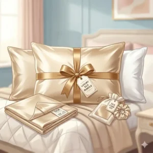 A close-up illustration of the luxury silk pillowcase with pillow bundle fabric and texture.