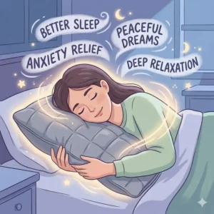 A person sleeping peacefully in bed with a weighted pillow for anxiety relief for better rest.