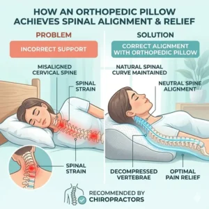 Diagram showing perfect spinal alignment achieved by using an orthopedic pillow recommended by chiropractors.