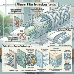 Infographic demonstrating the enhanced airflow and breathability of a hypoallergenic pillow for asthma sufferers.